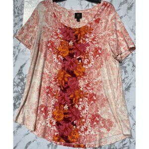 JM Collection Womens XL Floral Print Short-Sleeve Scoop Neck Top Neo Natural